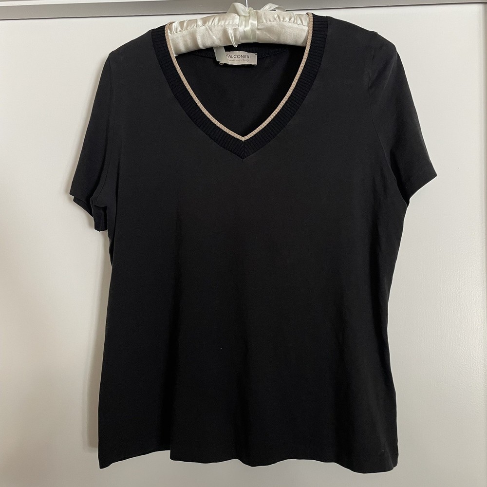 Falconeri V Neck Women Cotton Short Sleeve T-Shirt Size Medium Black w/ Beige