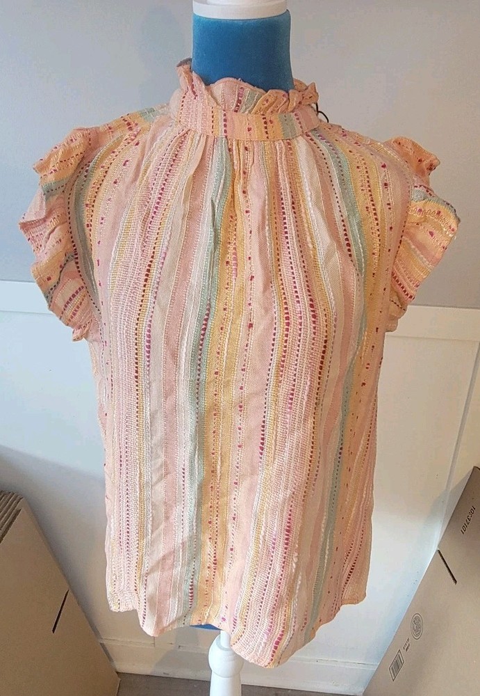THML  Women’s Cap Sleeved Ruffle Neck Medium Top 100% Viscose Peach/orange NWT
