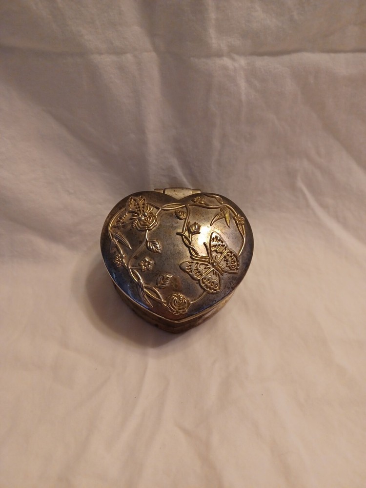 Silver Heart Shaped Trinket Box Red Velvet Lined Butterflies Flowers