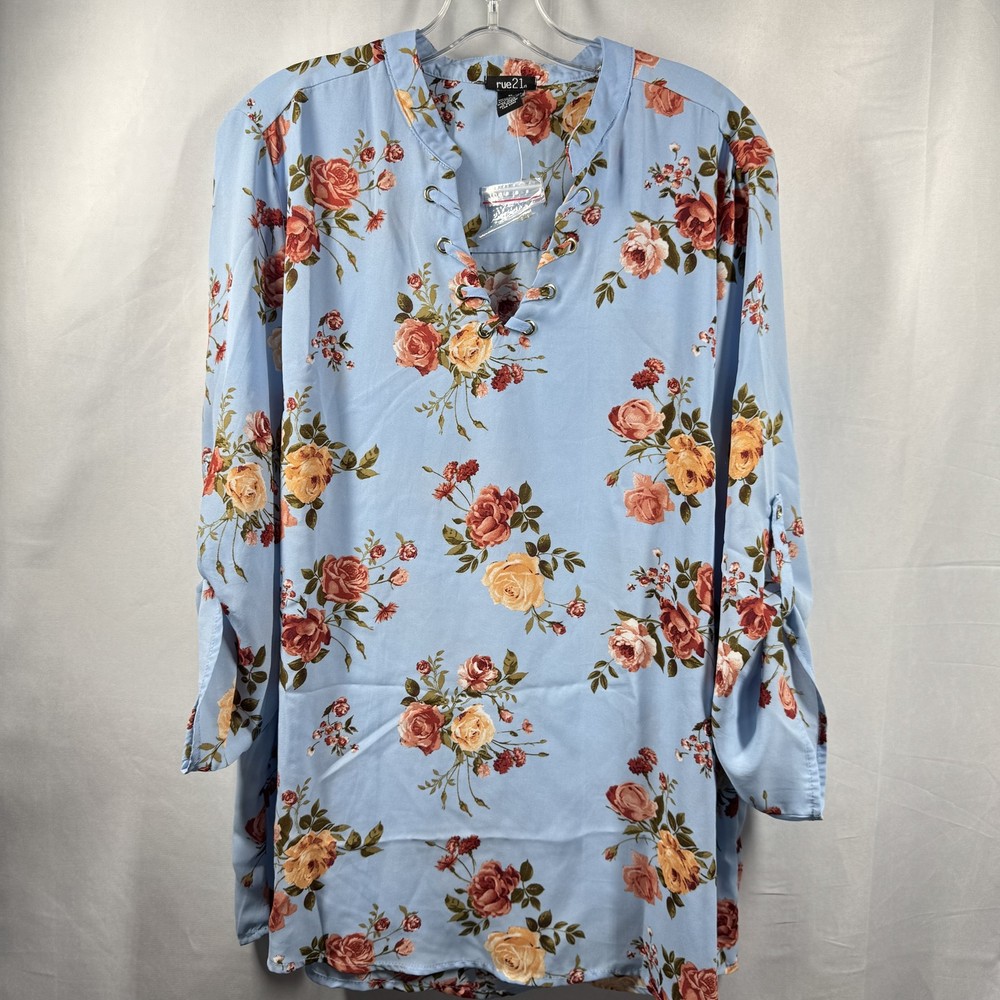 Rue21 Shirt Womens XL Blue Floral Lace Up Tunic Long Sleeve Roll Tab Polyester