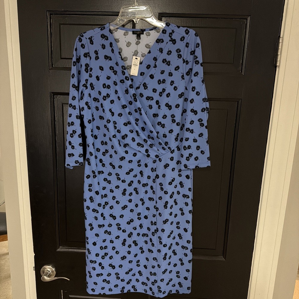 Talbots Plus Dress Size X Blue / Black Floral V-Neck Faux Wrap - New