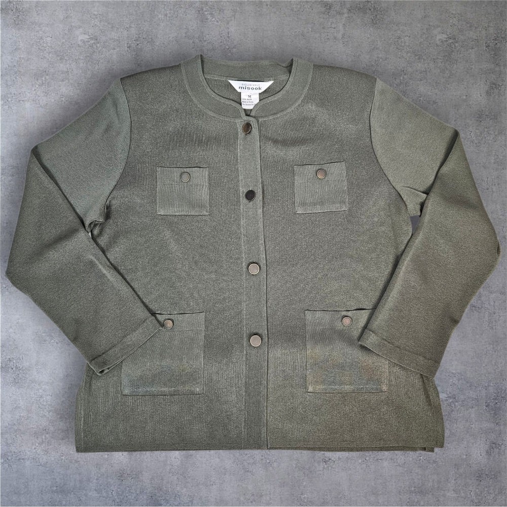 Misook Olive Green Knit Button Down Cardigan Jacket with Pockets Size Medium