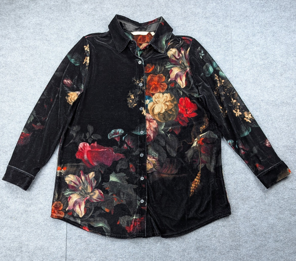 Soft Surroundings Button Up Blouse Womens Large Velour Floral Velvet Romantic
