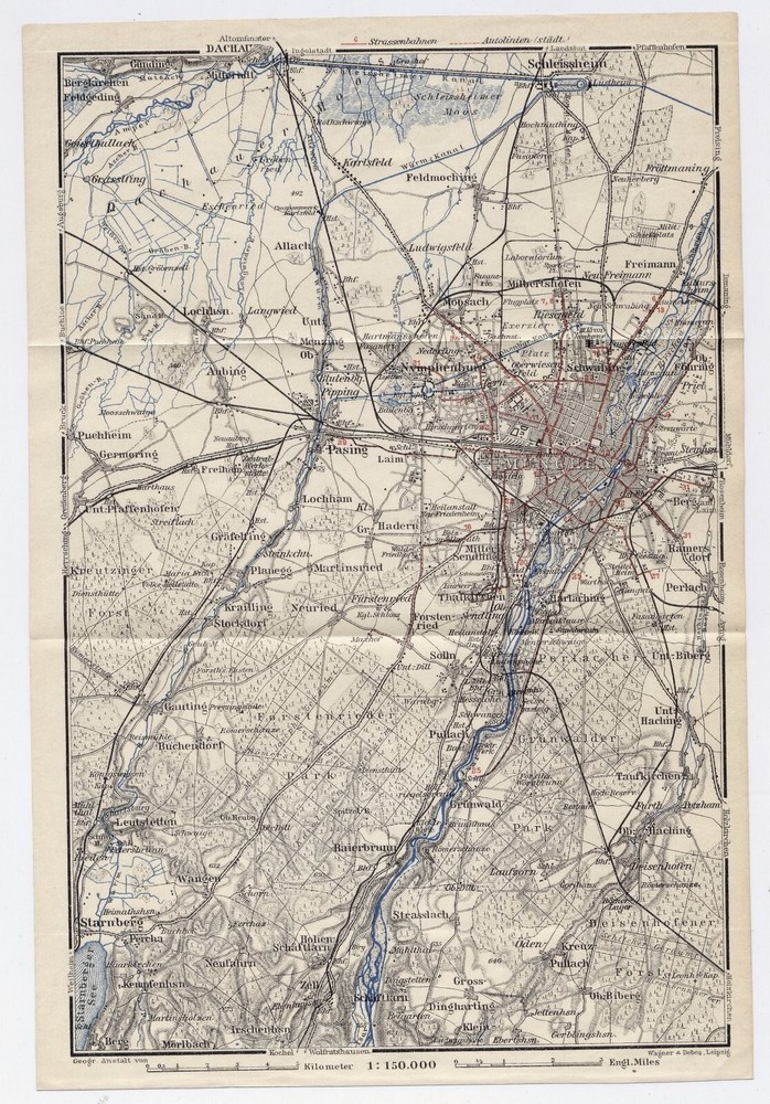 1929 Original Vintage Map Of Vicinity Of Munich München Bavaria Bayern / Germany