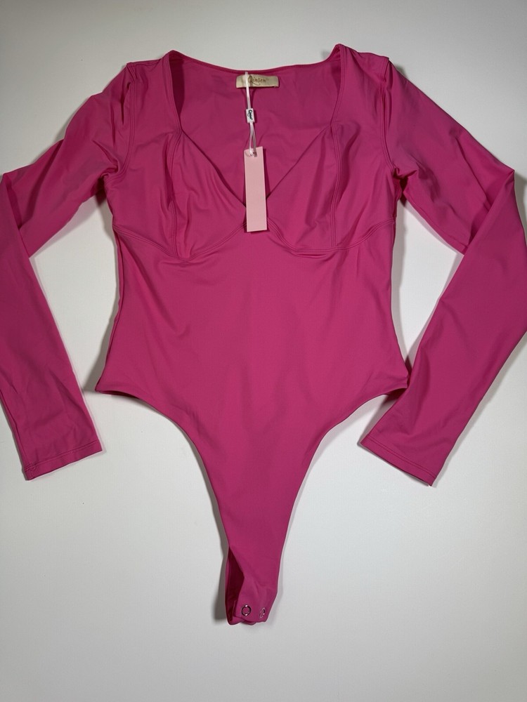 QINSEN Women's Long Sleeve Bodysuit V Neck Body Suits Seamed Cup Going Out Sz L