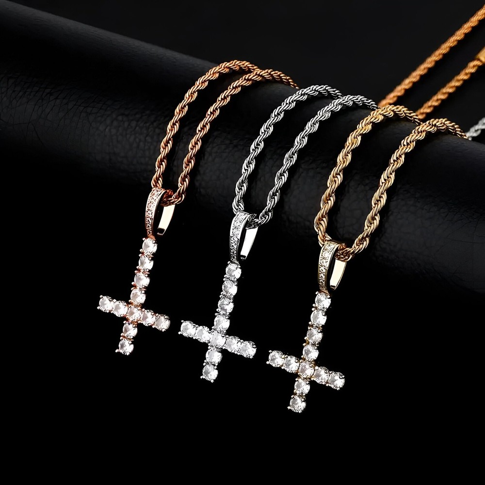 Sterling Silver Upside Down Cross Necklace with 14K Gold Filled CZ Hip Hop Pendant