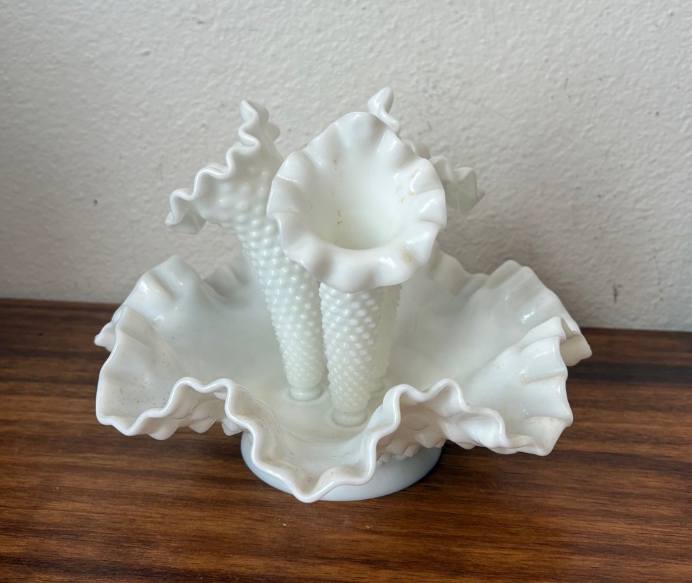 Vintage Fenton Hobnail  Milk Glass 3 Horn Ruffled Edge Epergne Vase