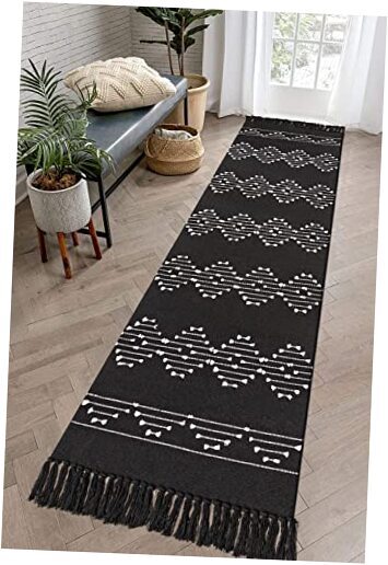 Runners for Hallways Boho Area Rug Long Cotton Rug 2' x 8' Black With Tassels
