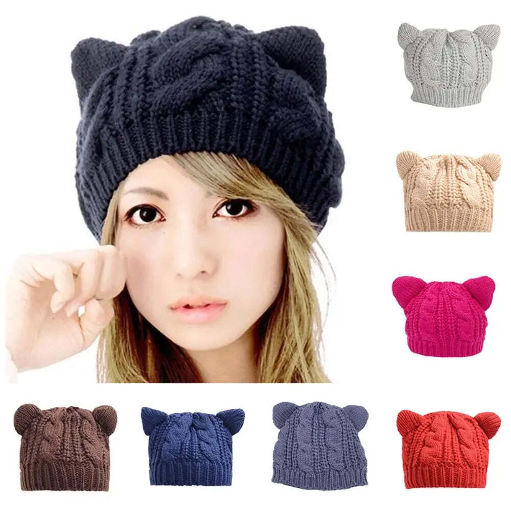 Winter Cat Ear Beanies Cap New Women Japanese Style Anime Knitted Hats Warm Femm