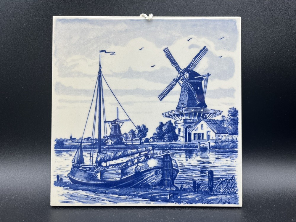 Delft Plateelbakkery Schoonhoven Delft Holland 6” X 6” Windmill Blue White Tile