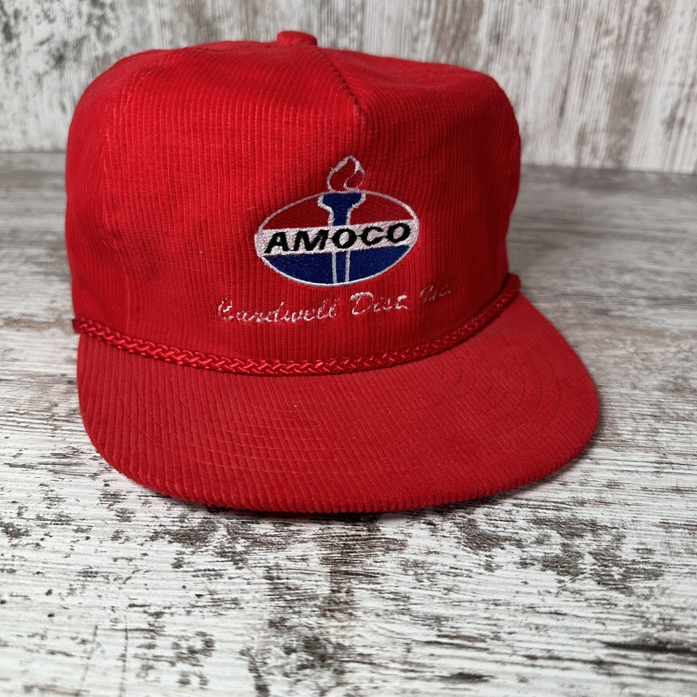 Rare Vintage AMOCO Gas Oil Trucker Rope Hat Cap Embroidered Patch Red Corduroy