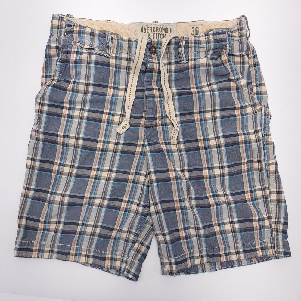 Abercrombie & Fitch Shorts Mens 36 Blue Plaid Drawstring Button Fly Y2K