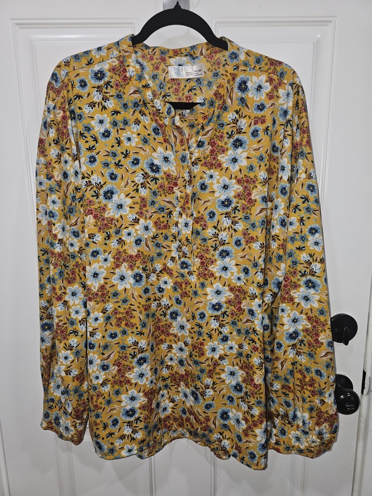 TIME And TRU Casual Top Blouse Polo LS Yellow White Blue Floral ~ XXL (20)