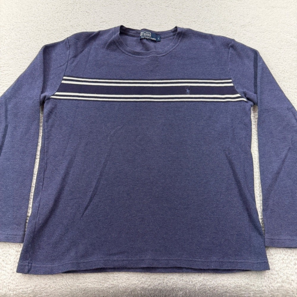 Vintage Polo Ralph Lauren Mens Long Sleeve Striped T-Shirt Blue Crew Neck Large