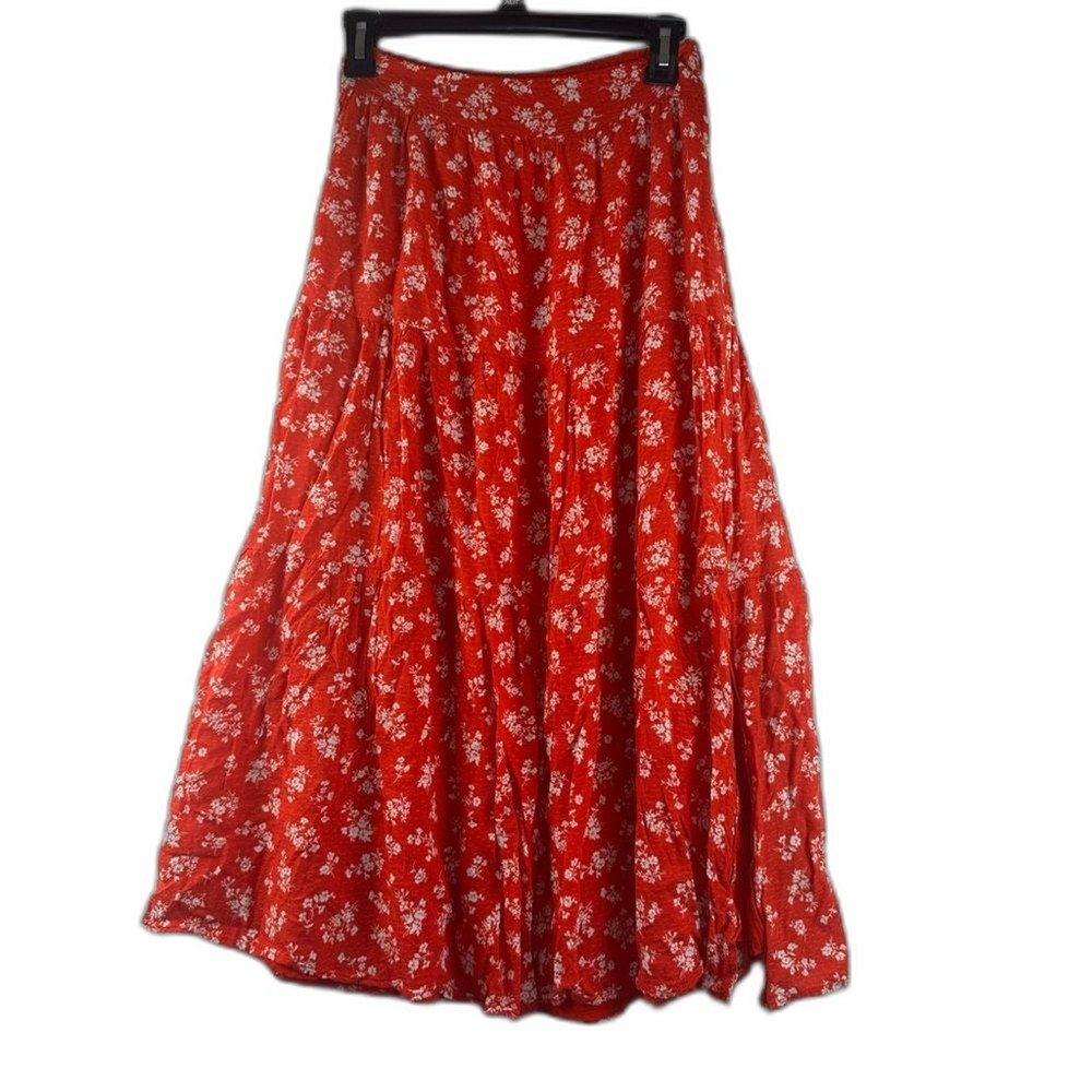 Lulus Red Floral Tiered Midi Skirt Size XS Seasonal Blooms Print