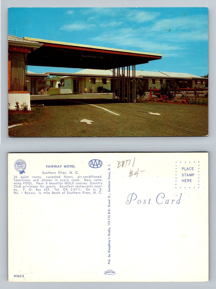 Southern Pines, NC-North Carolina Fairway Motel Drive-In Canopy Vintage Postcard