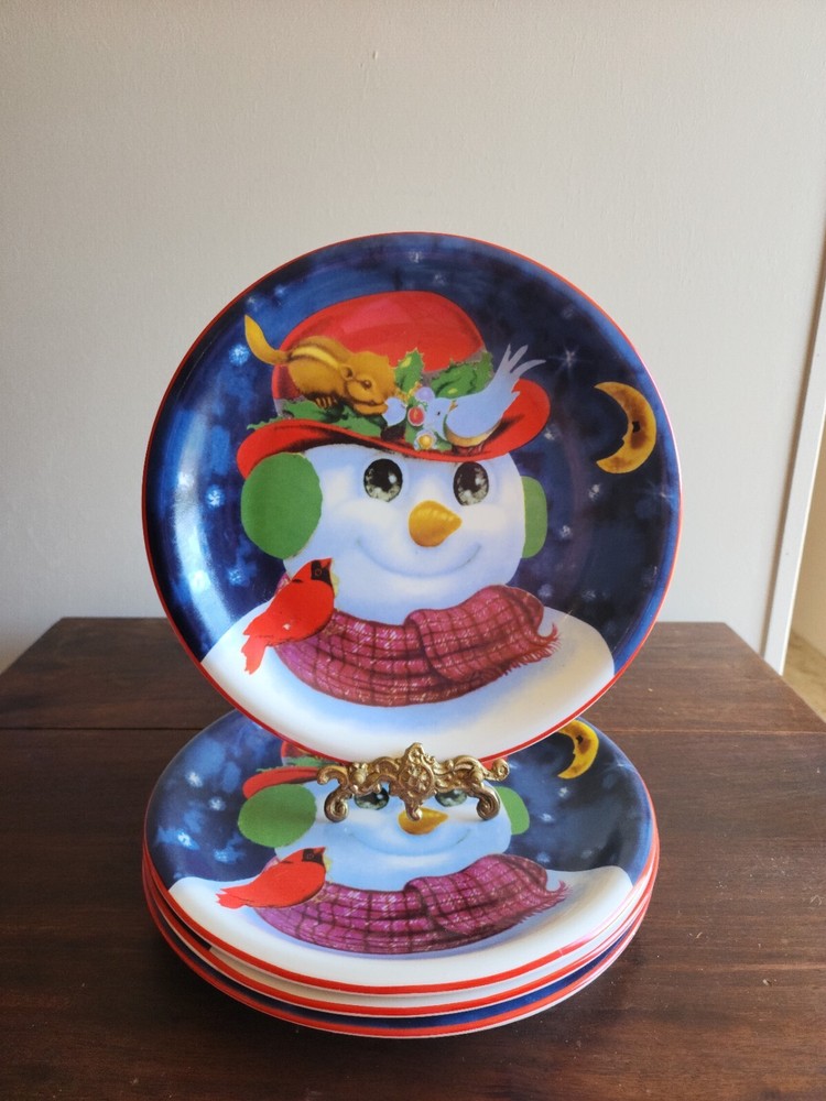 Set of 4 Blue & Multicolor Snowman Winter Christmas Dinner Plates 10.75