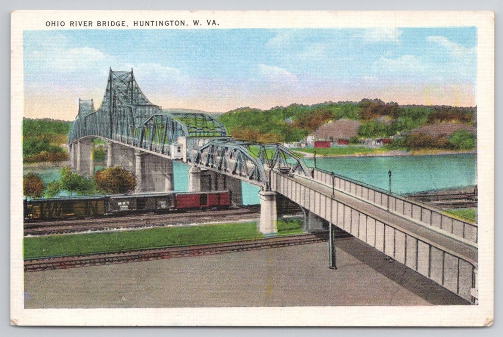 Ohio River Bridge Huntington WV Train Tracks Tichnor Linen Postcard