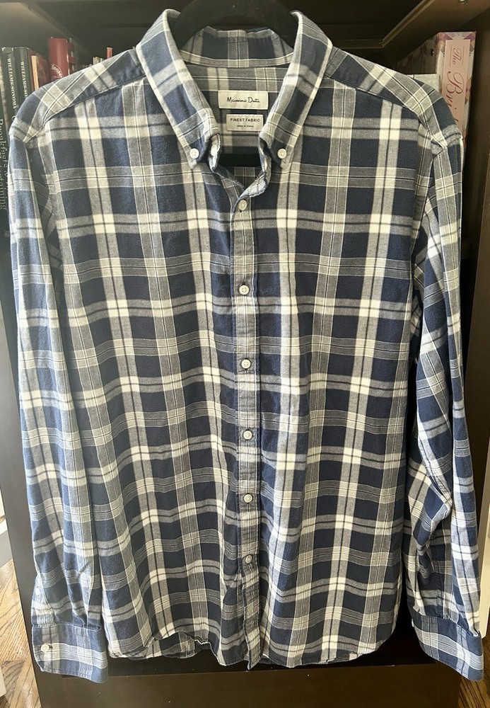 Massimo Dutti Button Down Shirt in Blue and White Plaid Check Men’s Sz XL
