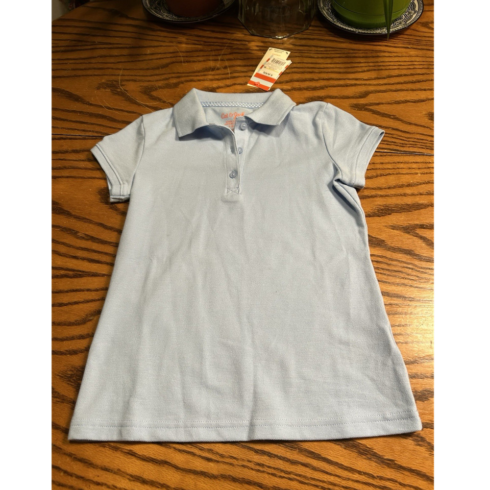 Cat & Jack Girls Light Blue Solid Knit Collared Button Polo Shirt S (6/6X)
