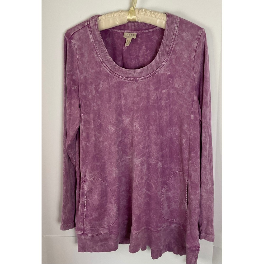 LOGO Lori Goldstein Womens Purple Acid Wash Cotton Long Sleeve Pocket Top L