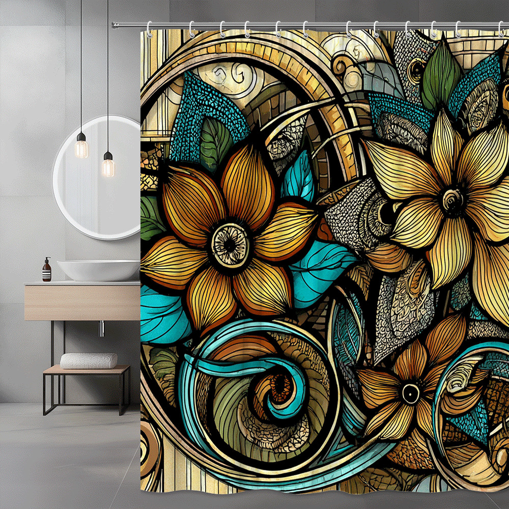 Boho Floral Shower Curtain Stained Glass Style Print