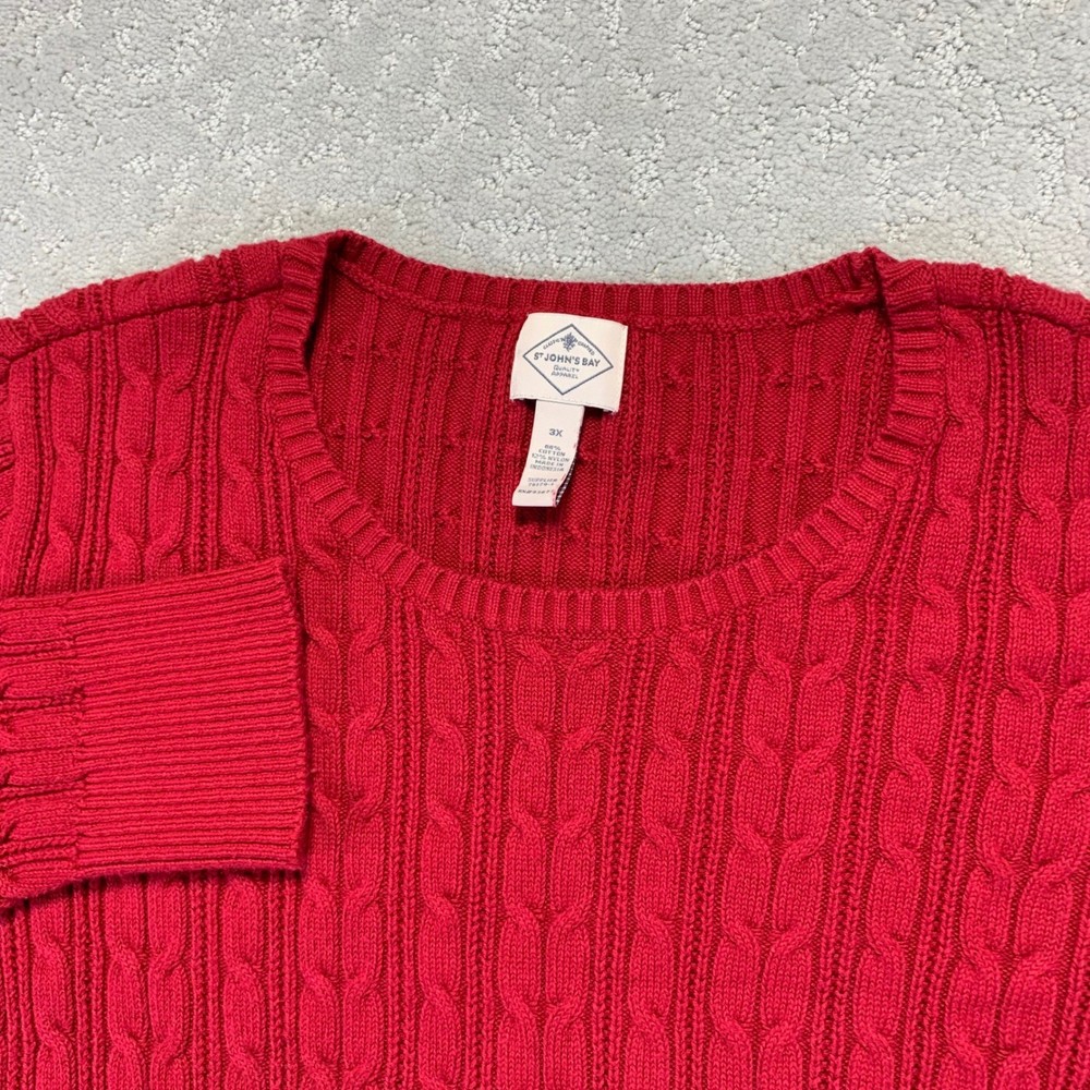 St John's Bay Womens Cable Knit Sweater 3X Red Crew Neck Long Sleeve Cottage