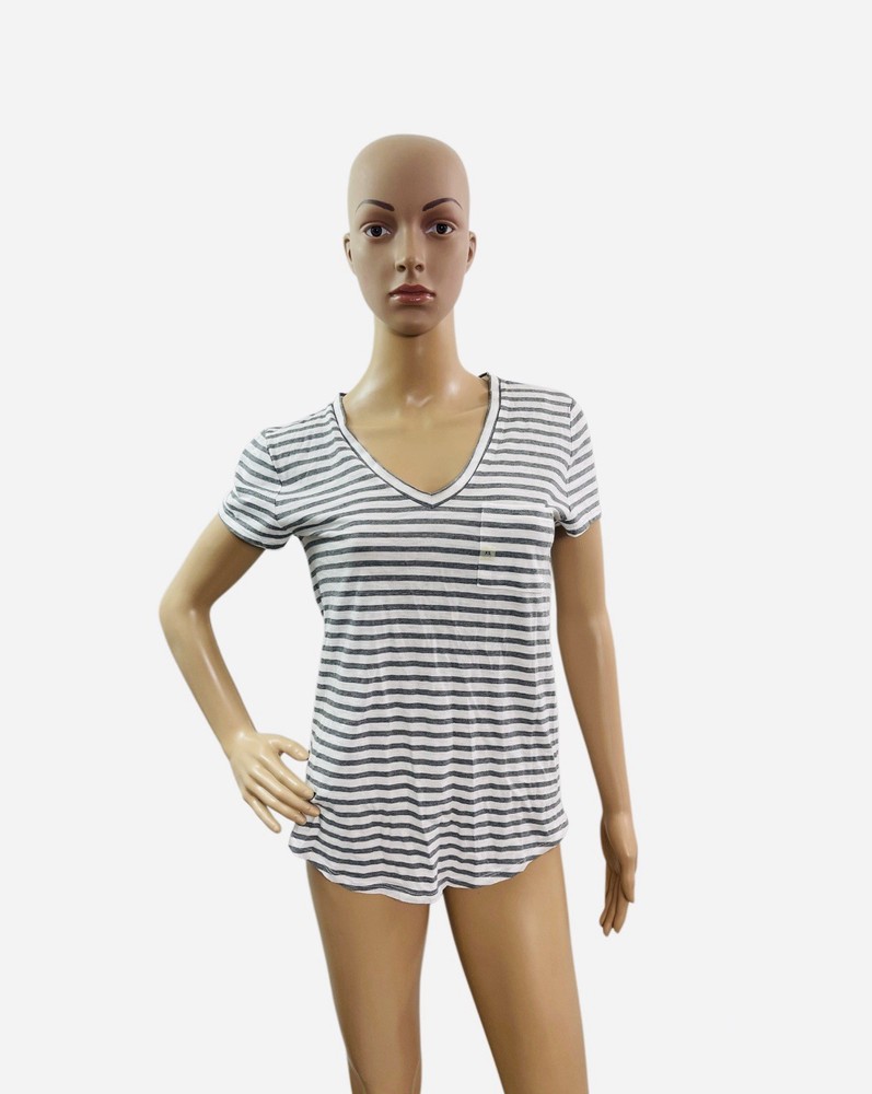 Loft Outlet Women’s Size XS Short Sleeve V  Neck Gray White Striped Tee