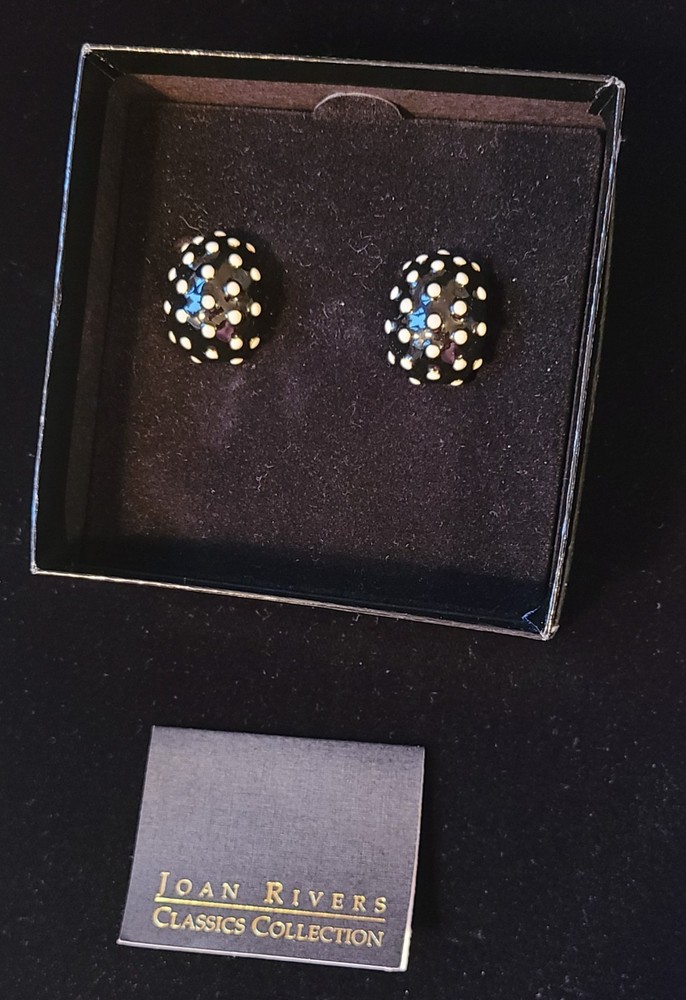 Joan Rivers Black/White Polka Dot Clip Earrings With Gold Tone Accents/Vintage