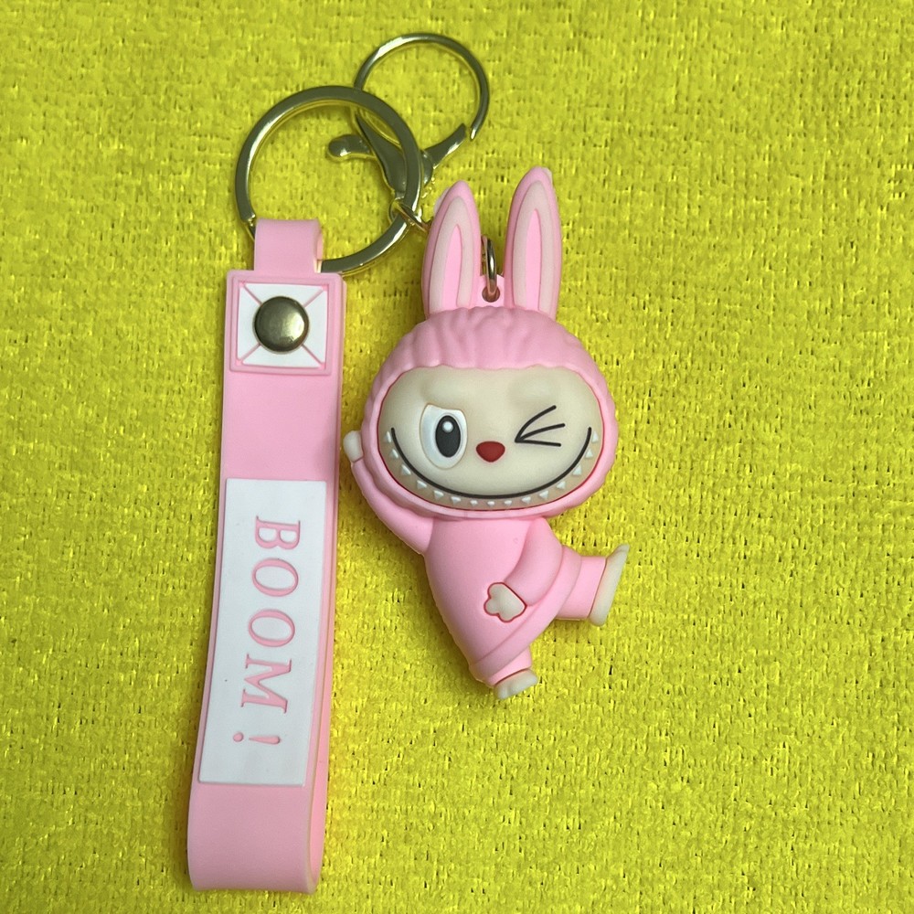 Pink Cartoon Bunny Keychain with BOOM Strap, Detachable Keyring, Plastic