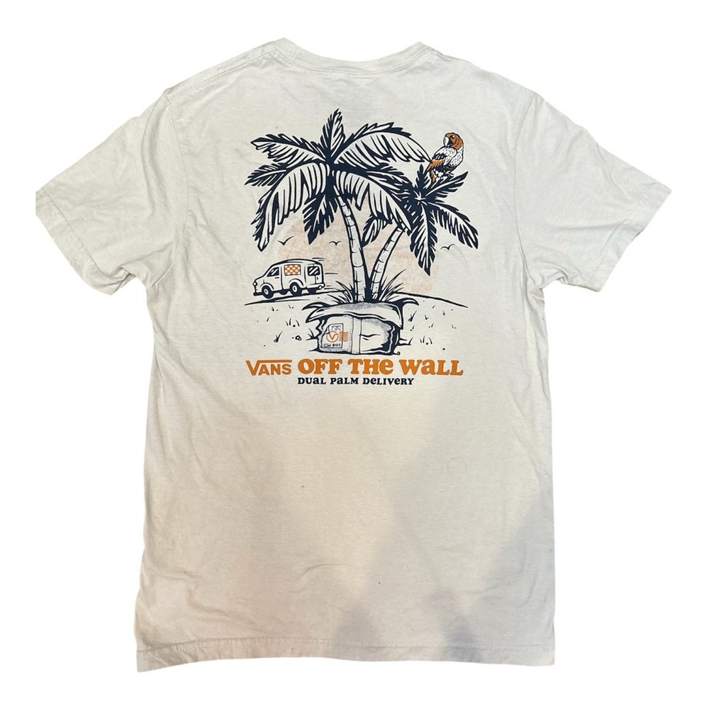 Vans Off The Wall Boys Graphic Tee Cream Palm Trees Surf Van Size S