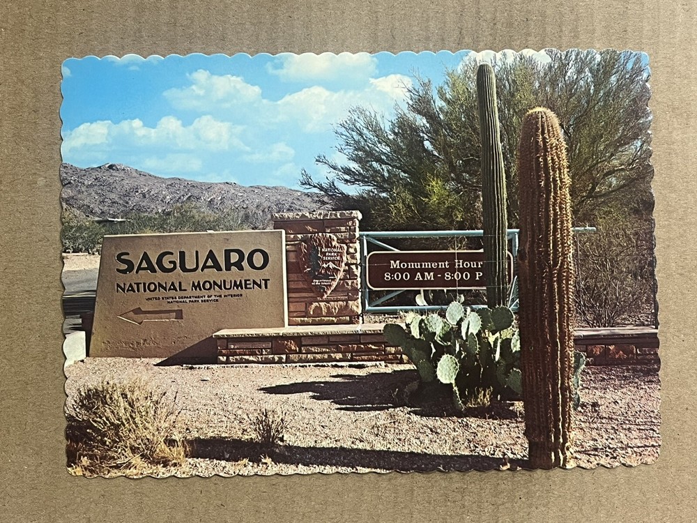 Postcard Tucson Arizona AZ Saguaro National Monument Entrance Sign Vintage PC