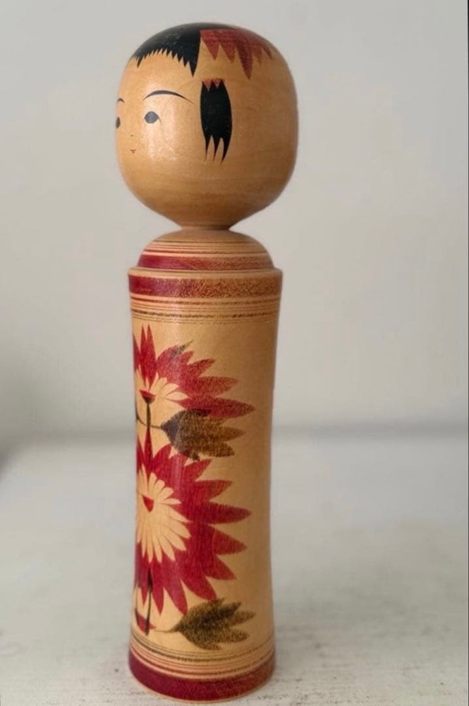 Taeko Yusa Kokeshi Flower Pattern Doll 24.5cm Handmade Japanese Art