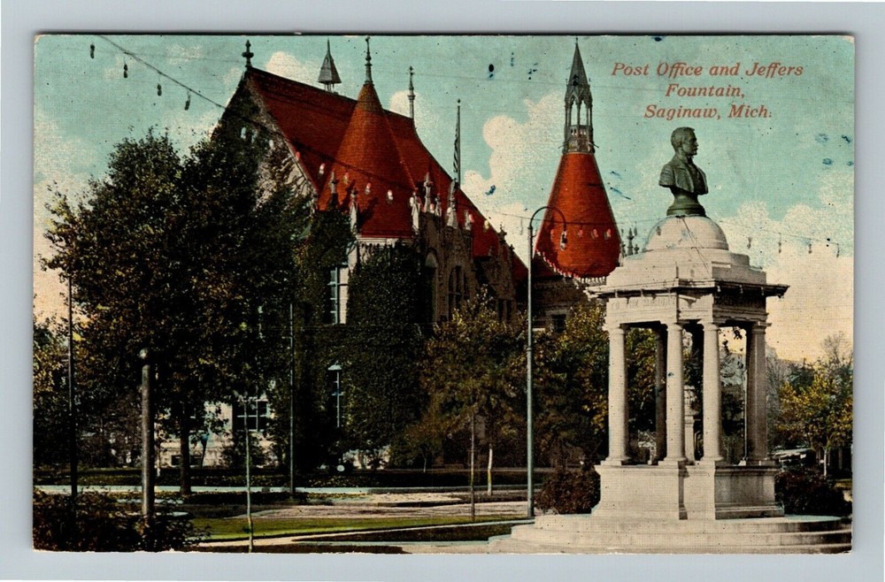 Saginaw MI-Michigan, Post Office And Jeffers Fountain, c1912 Vintage Postcard
