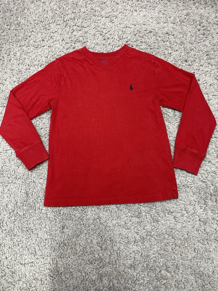 Polo Ralph Lauren Boys Size 8 Small Red Long Sleeve V-Neck Shirt Blue Pony Logo