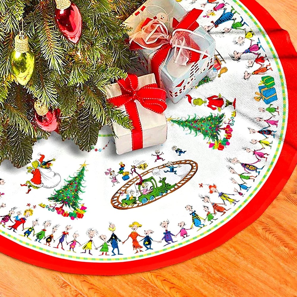 36/48 Inch Grinch Christmas Tree Skirt Green Funny Trimmed Christmas Tree Collar