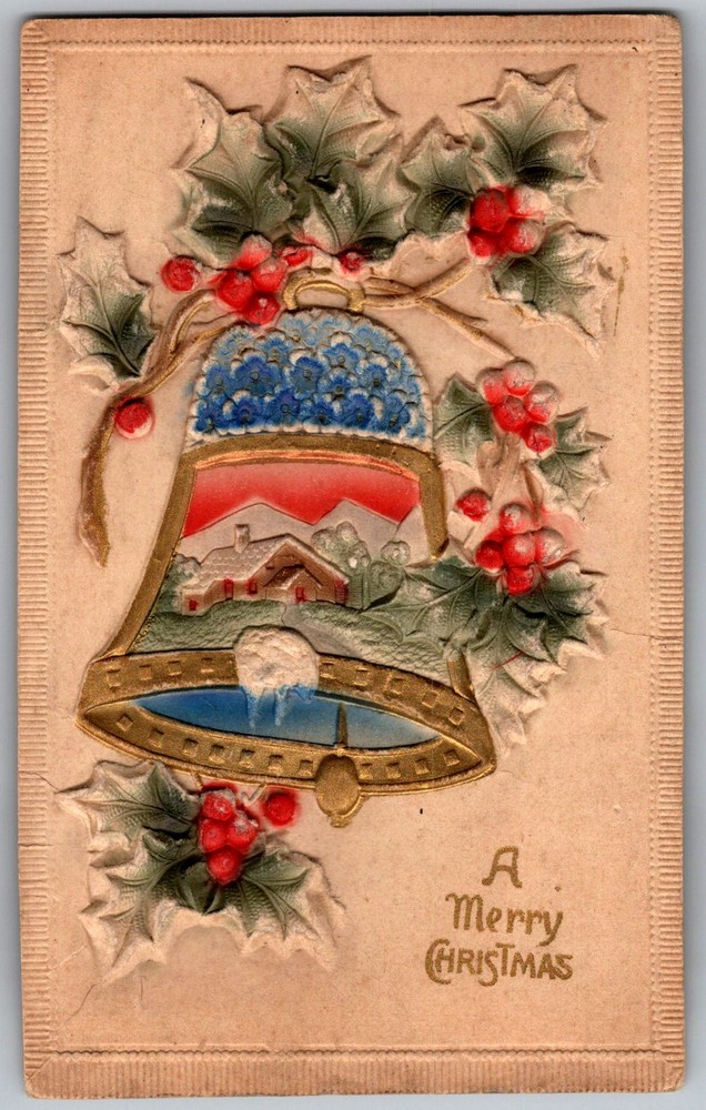 Antique Postcard Merry Christmas Bell Holly Avon, SD 1910s