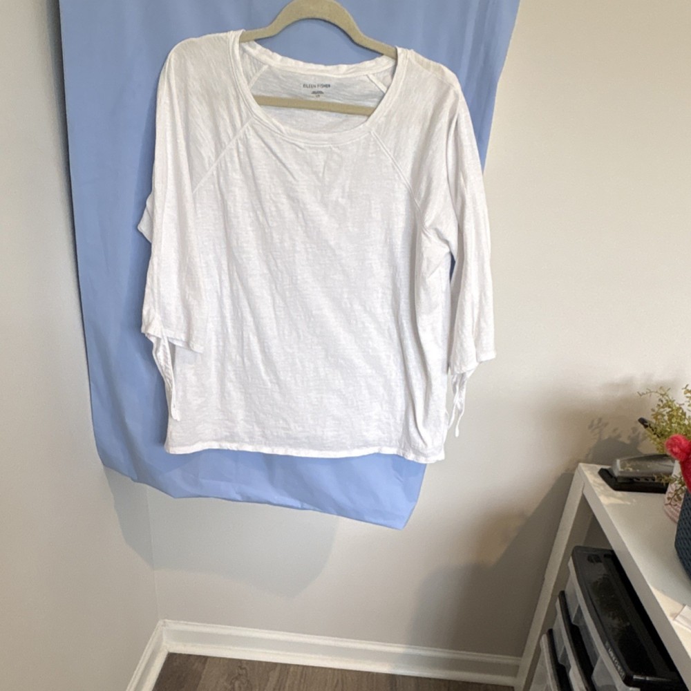 Eileen Fisher Women's White Cotton Knit Scoop Neck Raglan 3/4 Sleeve Top L