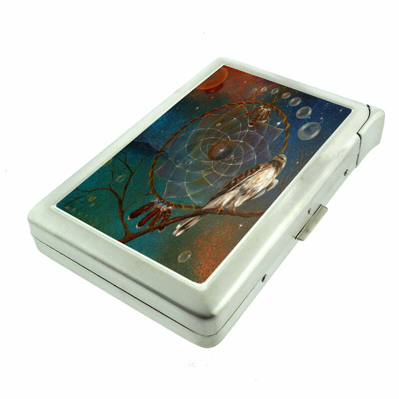 Dreamcatcher Em1 100's Size Cigarette Case with Built in Lighter Metal Wallet