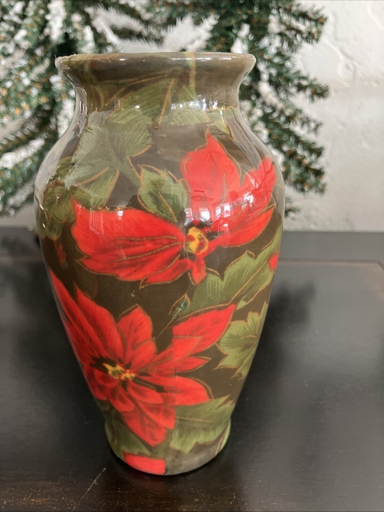 Ganz Poinsettia Vase, Beautiful Red, Green, Black