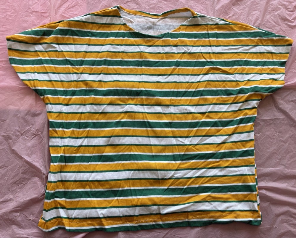 Women’s Retro Striped Yellow Green Jersey Cotton Blend Short Sleeve T-Shirt Sz L