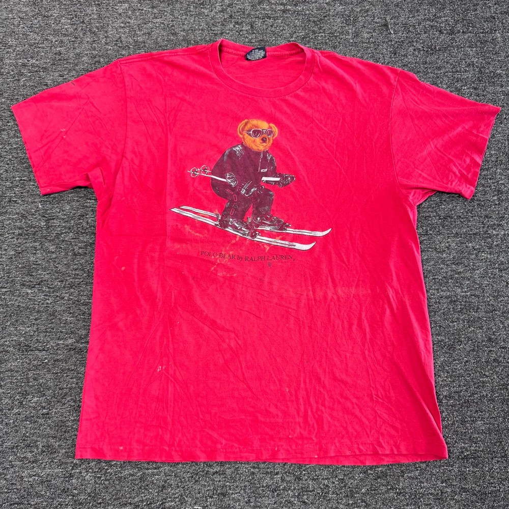 Vintage Polo Ralph Lauren Ski Bear Spellout Skiing  Rare T-Shirt Mens - Sz L Red