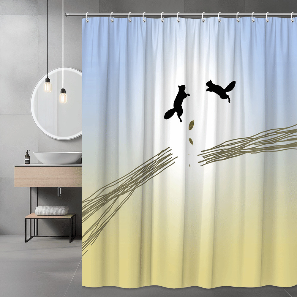 Squirrel Silhouette Shower Curtain with Branch and Leaf Design