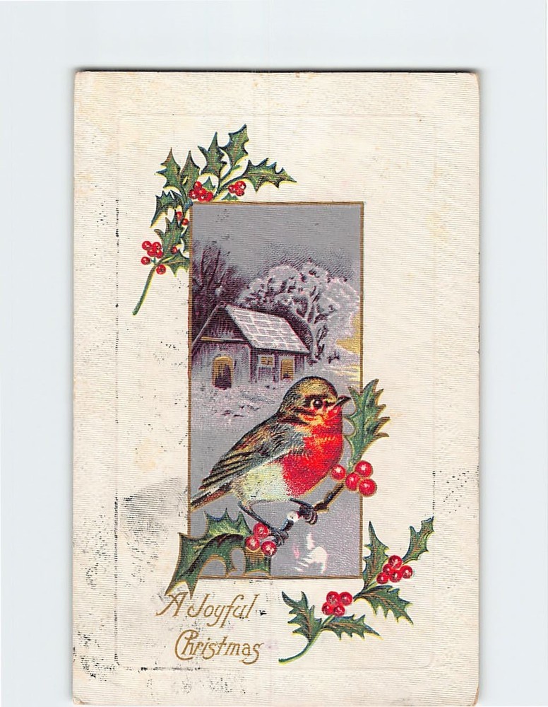 Postcard A Joyful Christmas Winter Scene, Bird & Christmas Holly Embossed Card