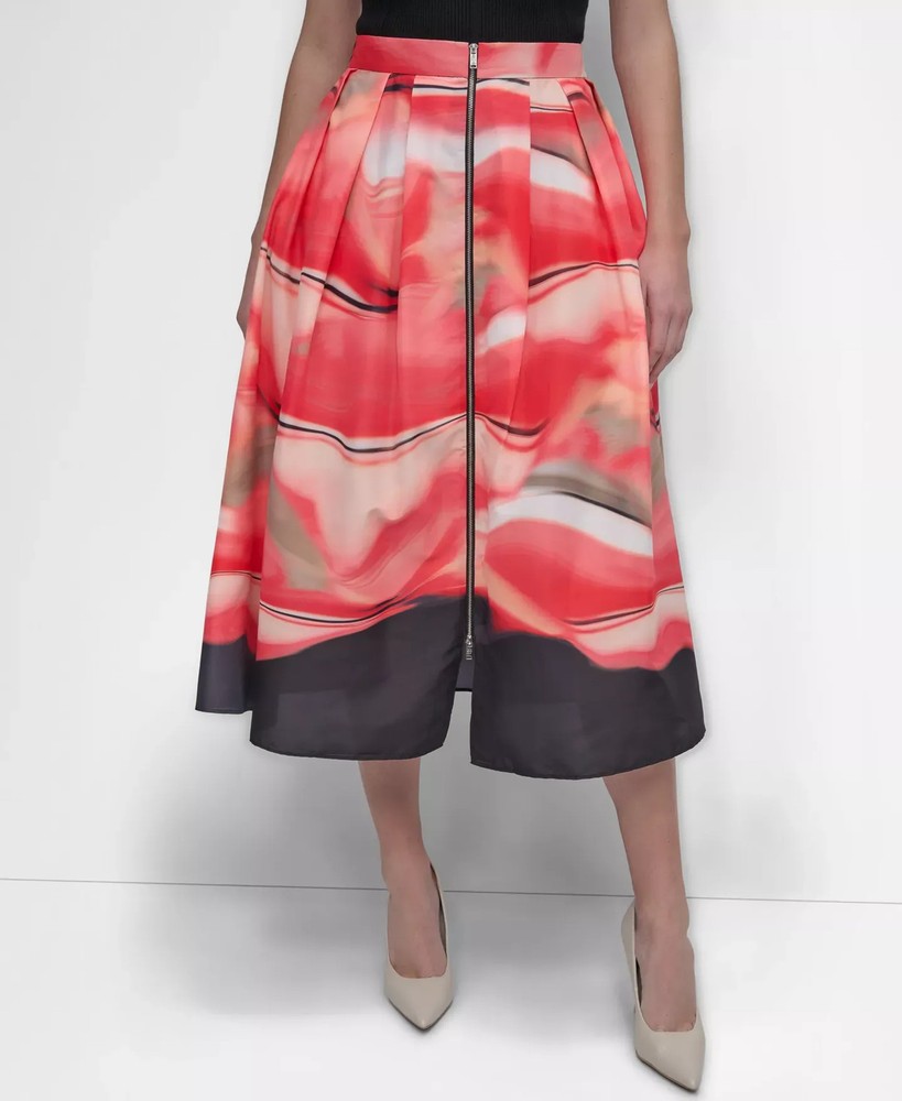 DKNY Women's Skirt Sz 2 Printed Zipper-Front Midi
