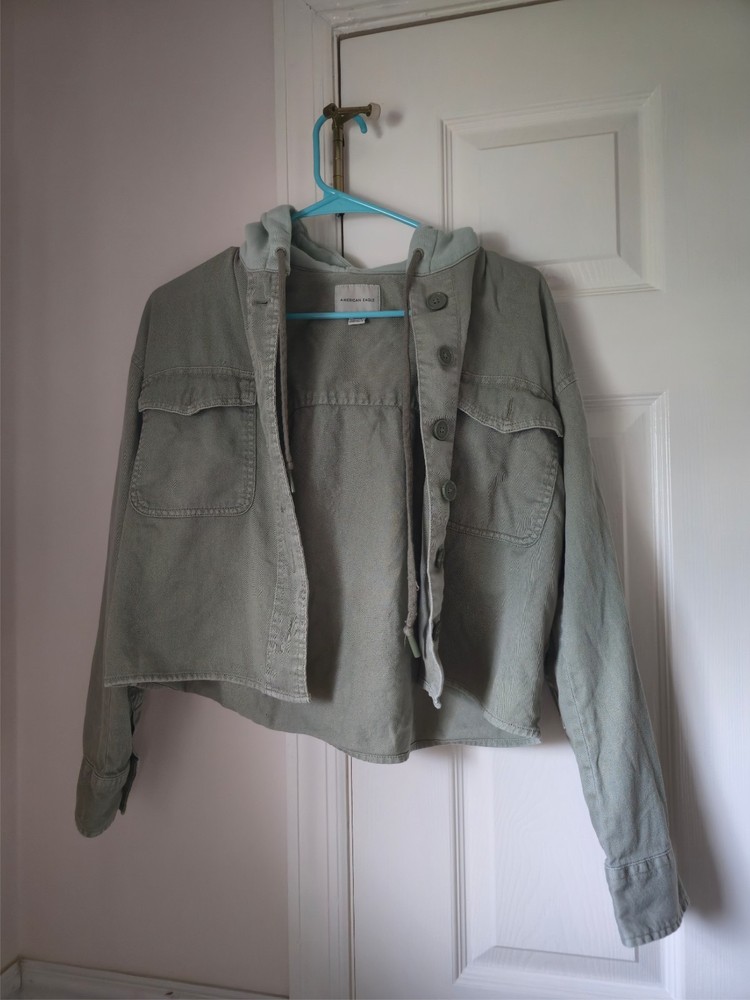 Stylish American Eagle Cropped Military Hooded Jacket Olive Women's XS