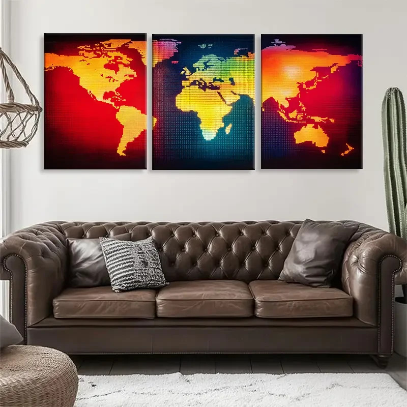 3pcs Geometric World Map Wall Art Set Metal Print Ready to Hang Art