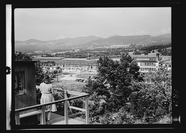 Photo:1940s Mountain Resort Lodge View Woman Balcony Scenic Landscape