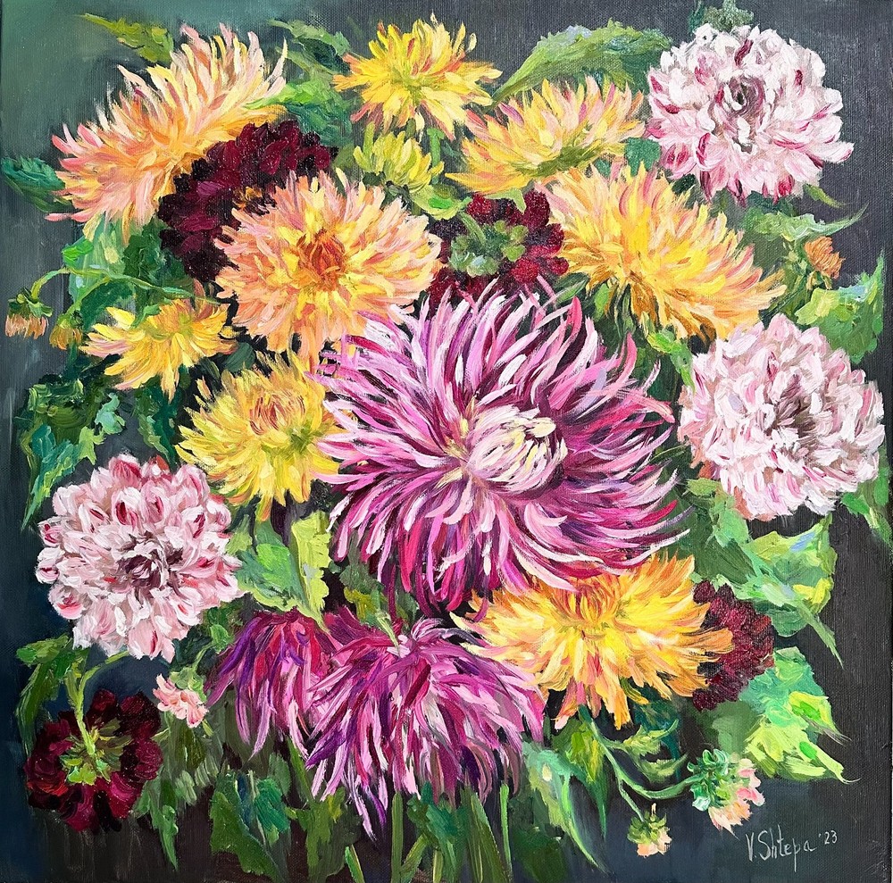 Dahlias Chrysanthemums Original Oil Painting Art Wildflowers Flower Signed 20x20