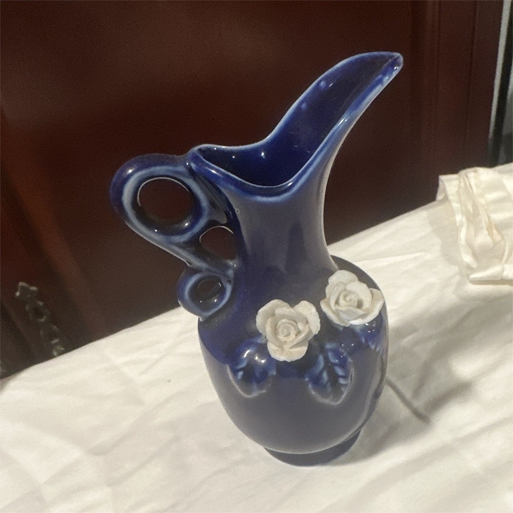 Unmarked Blue White Ceramic Vase with Handle Rose Floral Decor Glossy Finish